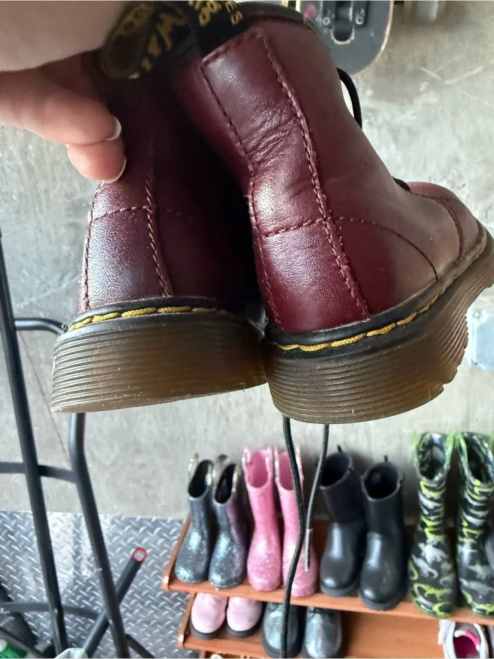 Dr. Martens Kids Burgundy Lace-Up Combat Boots with Yellow Stitching